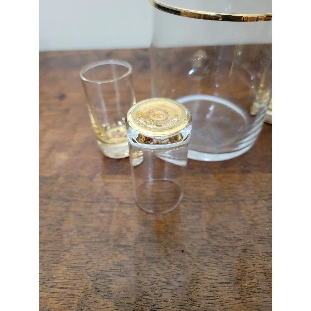 Vintage MCM Shot Glass Set w/ Holder Barware Gold Tone‎ Rim Retro